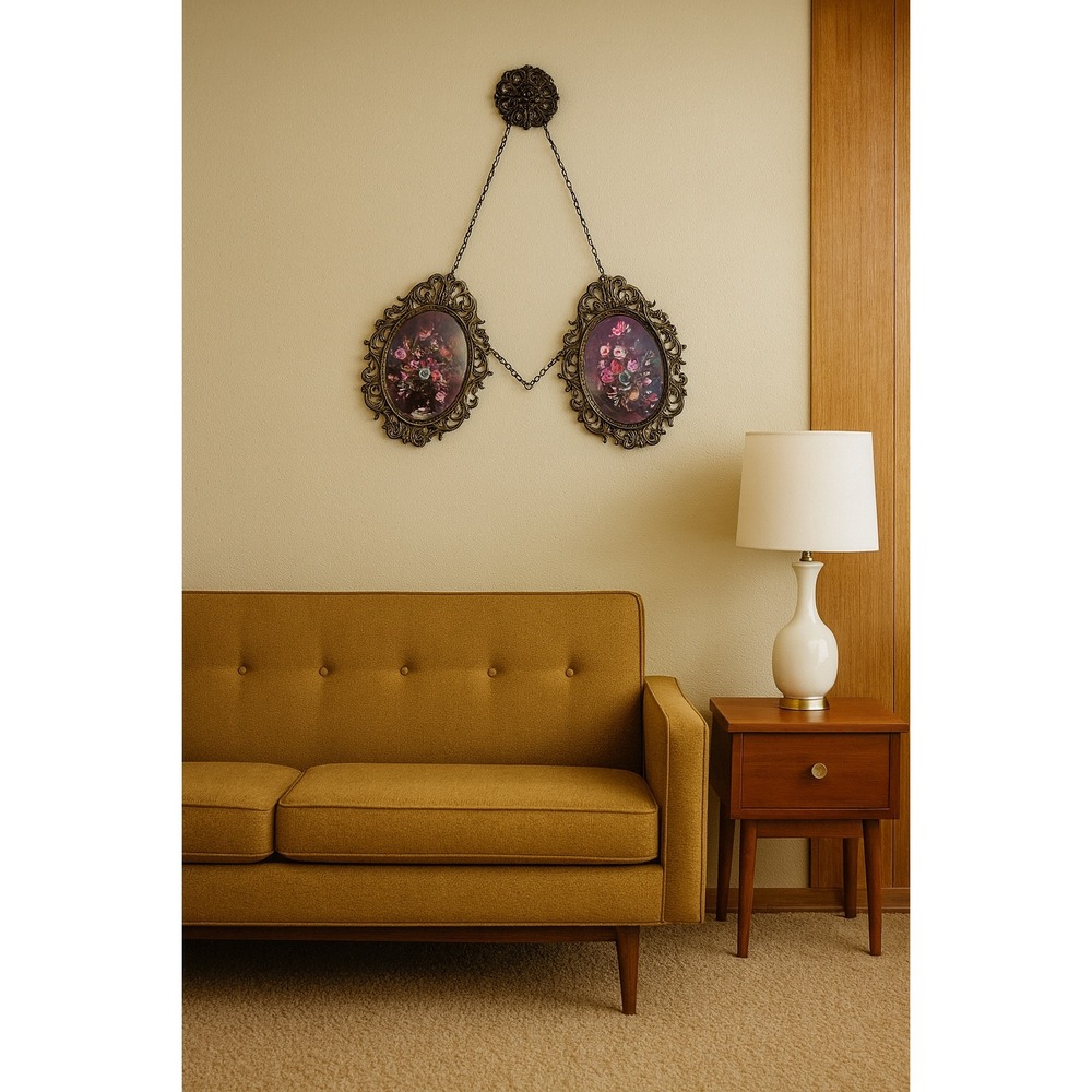 Vintage MCM Italian Ornate Floral Double Oval Hanging Wall Art Framed Set‎ 1970s